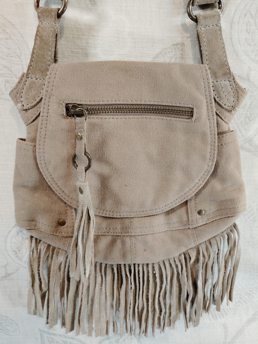 American Eagle Outfitters  Canvas &Suede Fringe Crossbody Bag in Beige